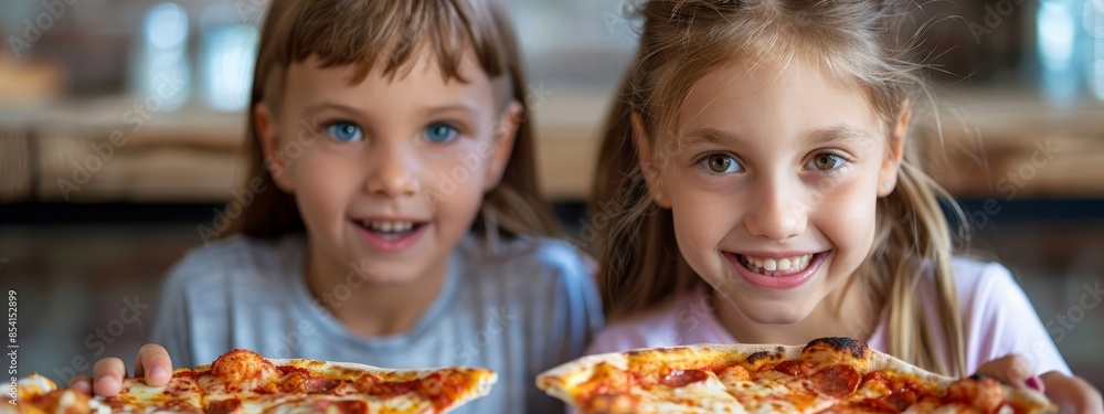 Two young girls pose before the camera, each holding a pizza slice One girl smiles, the other displays her own slice towards the lens Two young girls pose before the camera, each holding a pizza slice One girl smiles, the other displays her own slice towards the lens