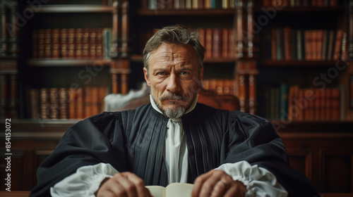 A man in judicial robes sits at a desk with hands clasped, surrounded by a bookshelf filled with law books.

