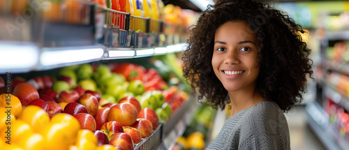 A woman standing in front of a colorful display of fresh fruits in a grocery store.