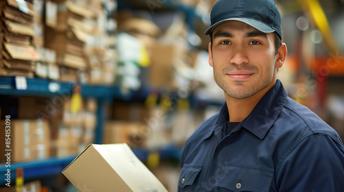 A man in a blue uniform holds a cardboard box in a warehouse, representing logistics, delivery services, or warehouse operations.