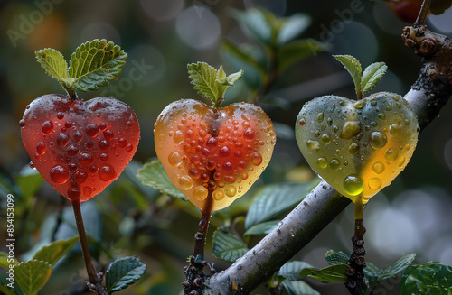 Three heart-shaped candies growing on a tree. The concept is the naturalness of the candy ingredients.