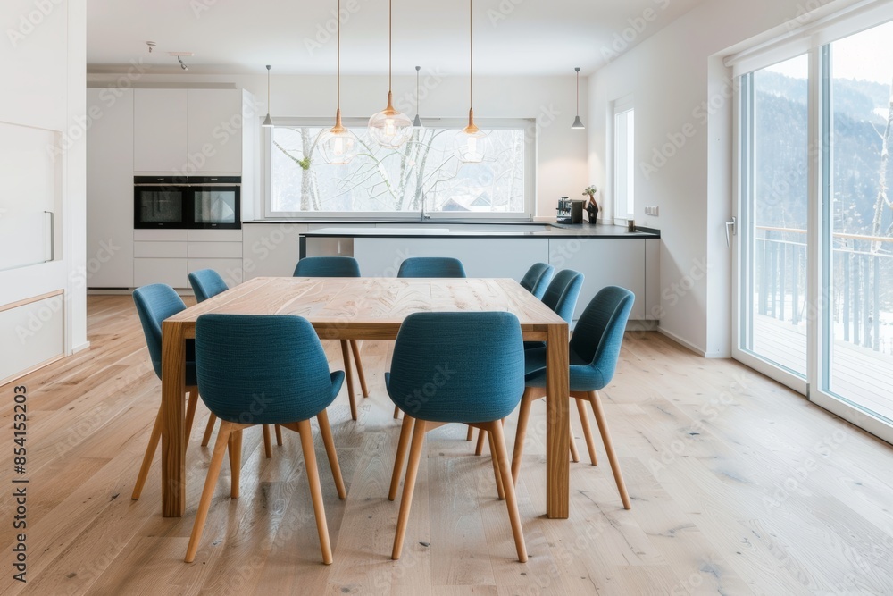 Cozy Scandinavian Dining Room with Wooden Table and Blue Chairs Generative AI Cozy Scandinavian Dining Room with Wooden Table and Blue Chairs Generative AI