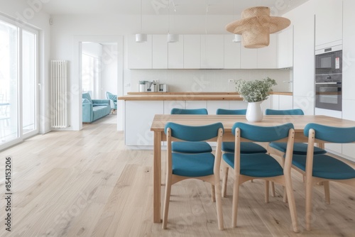 Wallpaper Mural Cozy Scandinavian Dining Room with Wooden Table and Blue Chairs Generative AI Torontodigital.ca