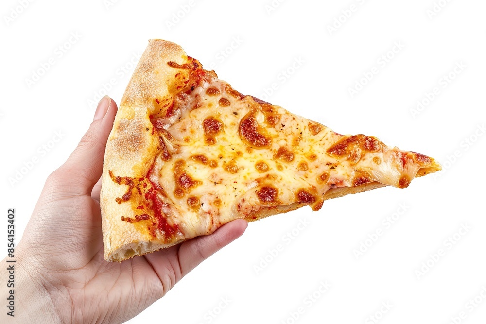 Hand holding a slice of pepperoni pizza with a white background Hand holding a slice of pepperoni pizza with a white background