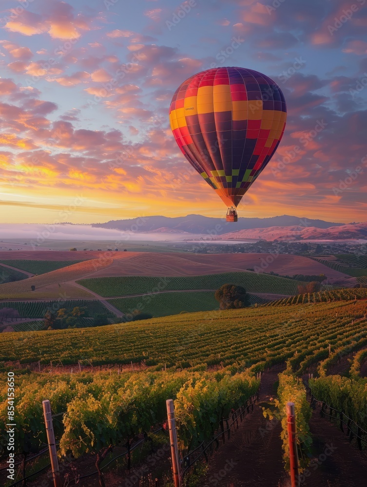 Fototapeta premium Hot Air Balloon Over Vineyard at Sunset.