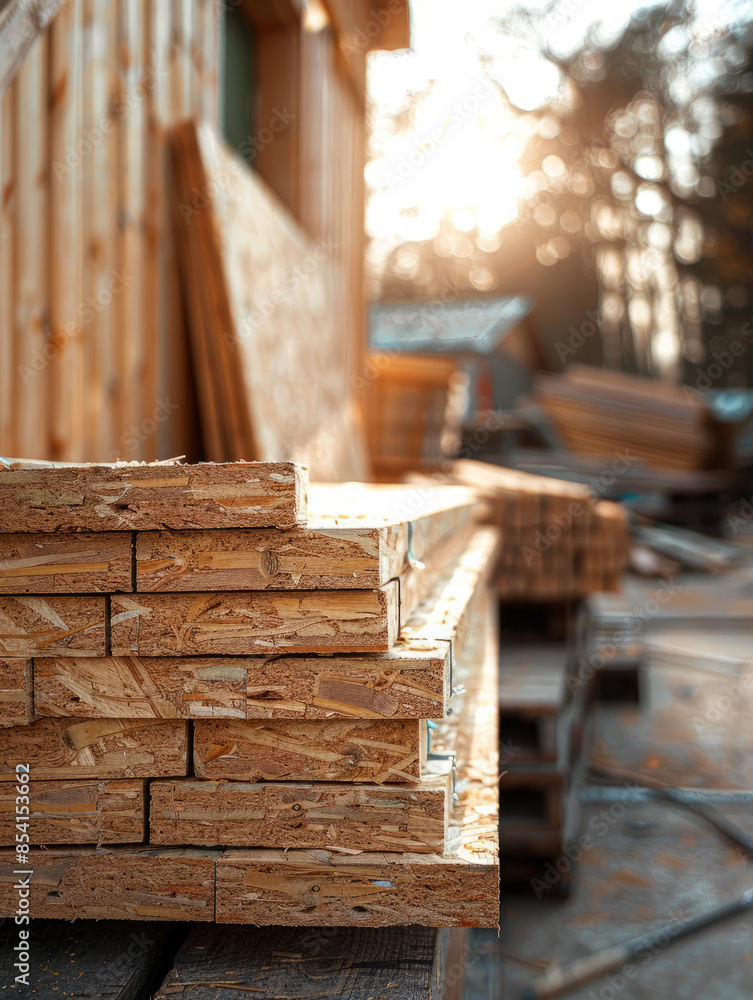 Stacks of lumber in a rural construction site at sunset. Stacks of lumber in a rural construction site at sunset.