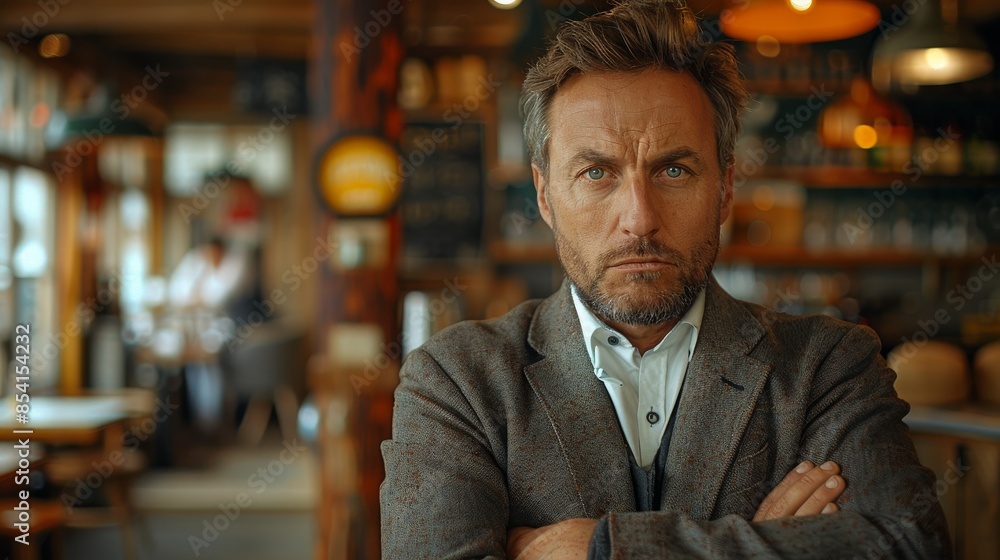 Stern-looking man in business attire posing in the warm ambiance of a café Stern-looking man in business attire posing in the warm ambiance of a café
