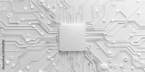 A digital rendering of a circuit board with a network of white lines and dots on a white background