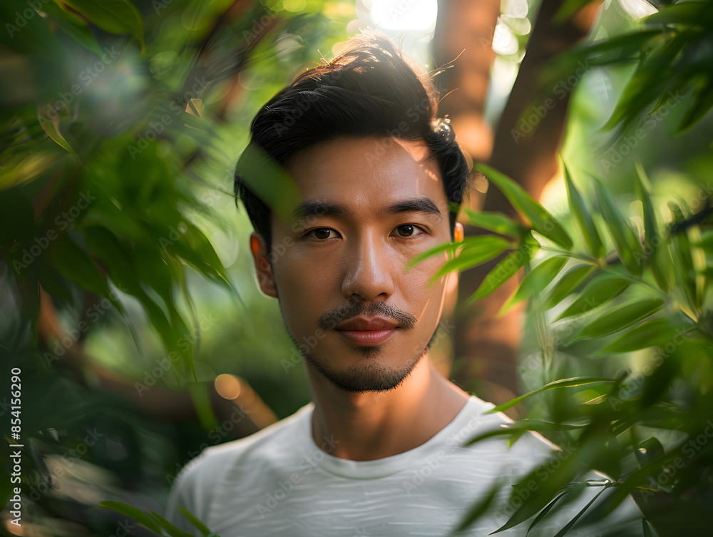 Serene Asian Man with Expressive Eyes in Green Park - Lifestyle Portrait in Soft Natural Light Serene Asian Man with Expressive Eyes in Green Park - Lifestyle Portrait in Soft Natural Light