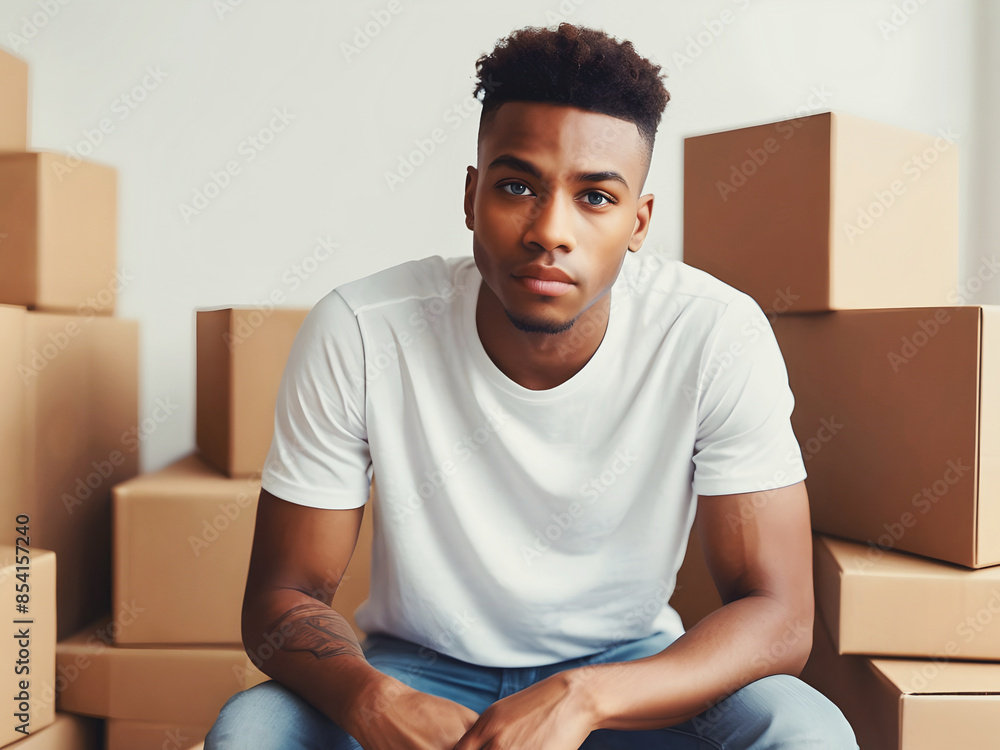 Handsome African American young man in plain fashion clothing sitting in bright room full of blank paper boxes, house moving concept, blank wall background