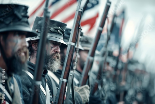 Historic American Civil War Scene with Soldiers and Flags Generative AI photo