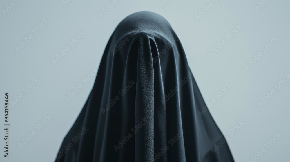 Realistic shot of a hooded priest in dark robes, back view on a white backdrop, using a 25mm lens, with depth of field, tilt blur effect, and optimized shutter speed Realistic shot of a hooded priest in dark robes, back view on a white backdrop, using a 25mm lens, with depth of field, tilt blur effect, and optimized shutter speed