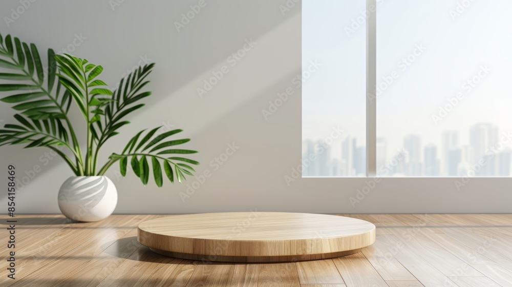 Round wooden podium with detailed wood texture, 3D display stand on a natural wood floor, green accents for beauty and spa mockups, clean and minimalist design Round wooden podium with detailed wood texture, 3D display stand on a natural wood floor, green accents for beauty and spa mockups, clean and minimalist design