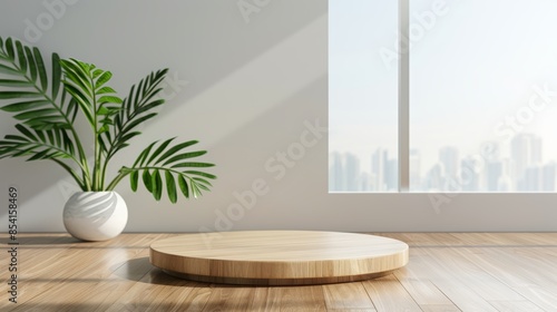 Round wooden podium with detailed wood texture, 3D display stand on a natural wood floor, green accents for beauty and spa mockups, clean and minimalist design © JP STUDIO LAB