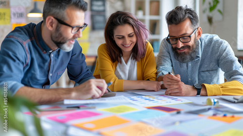 a  of the couple and the planner working through a checklist of future goals and actions, discussing, middle-aged, couple, planner, with copy space