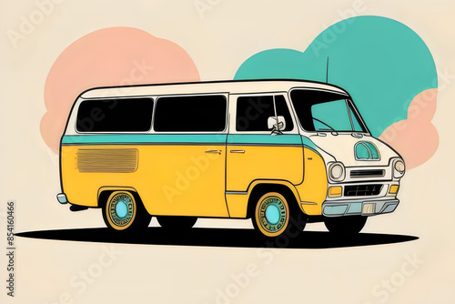 a image of a cartoon illustration of an unbranded fictional 1970s retro vintage van, camper van, shagging wagon, Hippie, Groovy, Colorful, Funky, Psychedelic, Adventure, Travel, Freedom, Roadtrip, 