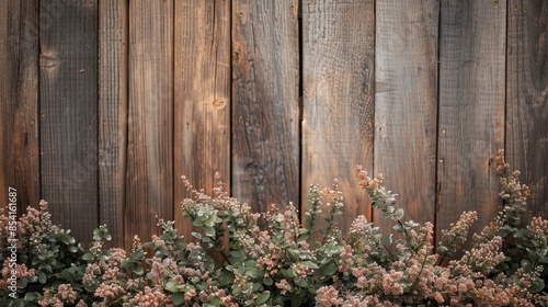 Aged wooden boards and fuzzy foliage for product display or natural background