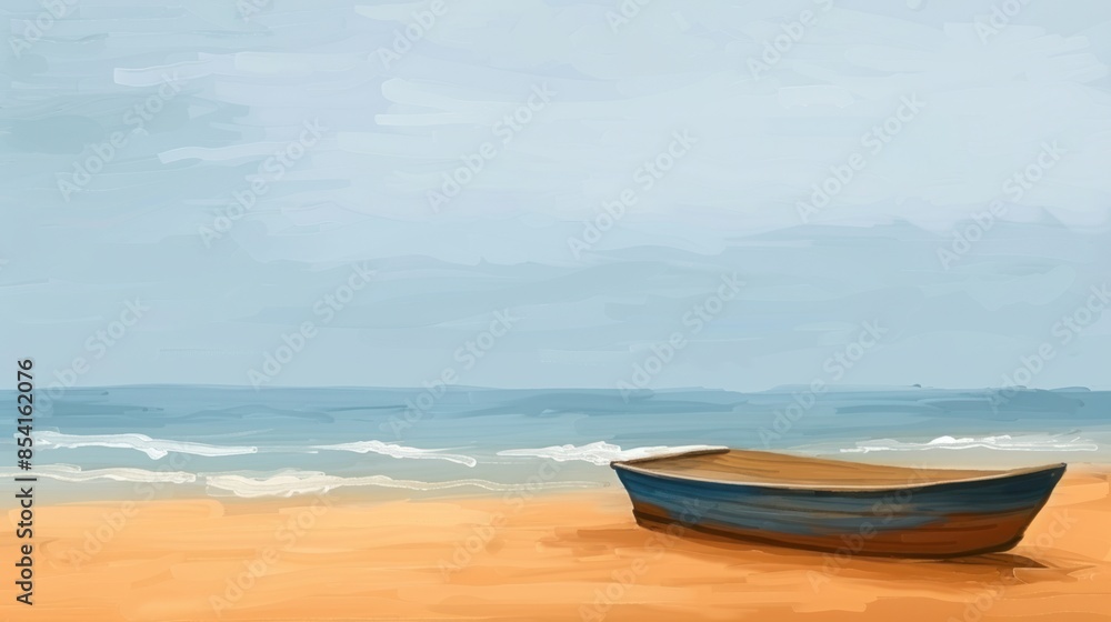Serene beach landscape with a wooden boat sitting on the sand at the water's edge. Serene beach landscape with a wooden boat sitting on the sand at the water's edge.