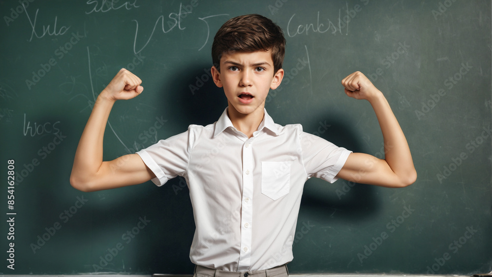 Schoolboy at blackboard shows muscles, concept education knowledge power, Film grain effect Schoolboy at blackboard shows muscles, concept education knowledge power, Film grain effect
