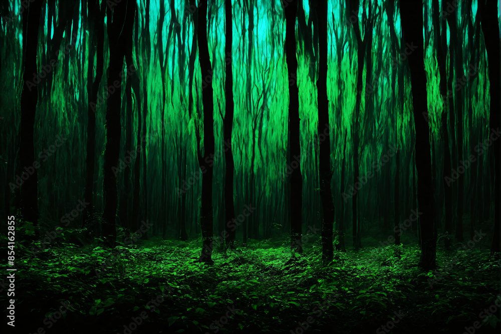 Fototapeta premium background image of a night forest in dark green color