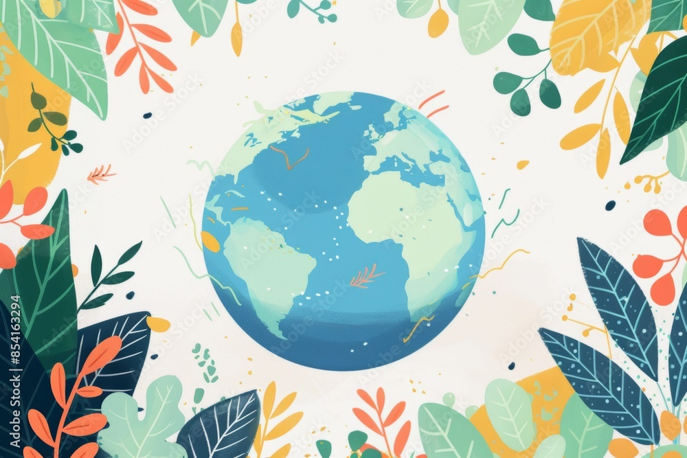 Naklejka premium Vibrant Earth Globe with Lush Leaves Background Generative AI