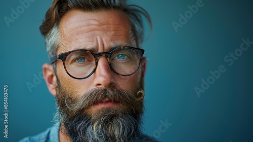 Artistic portrait of a mature man with a styled beard and mustache wearing round glasses