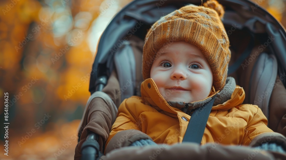 A cheerful baby dressed warmly in a beanie is secured in a stroller amid vibrant autumn leaves A cheerful baby dressed warmly in a beanie is secured in a stroller amid vibrant autumn leaves