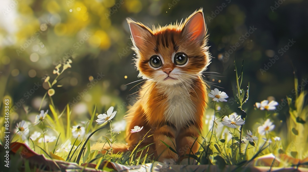 A small orange kitten sits in a field of tall grass and white flowers. The sun shines on the kitten, creating a warm atmosphere. The kitten has big, round eyes and a fluffy, furry coat. A small orange kitten sits in a field of tall grass and white flowers. The sun shines on the kitten, creating a warm atmosphere. The kitten has big, round eyes and a fluffy, furry coat.