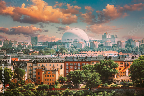 Stockholm, Sweden. Avicii Arena Ericsson Globe In Summer Skyline. It's Currently The Largest Hemispherical Building In The World, Used For Major Concerts, Sport Events