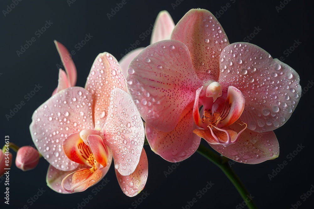 Pink Orchid with Dew Drops on Black Background Pink Orchid with Dew Drops on Black Background
