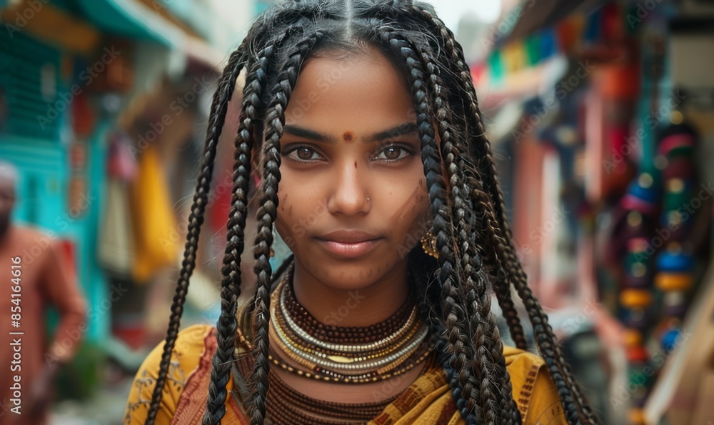 Cool Indian woman with flying braids on street Cool Indian woman with flying braids on street