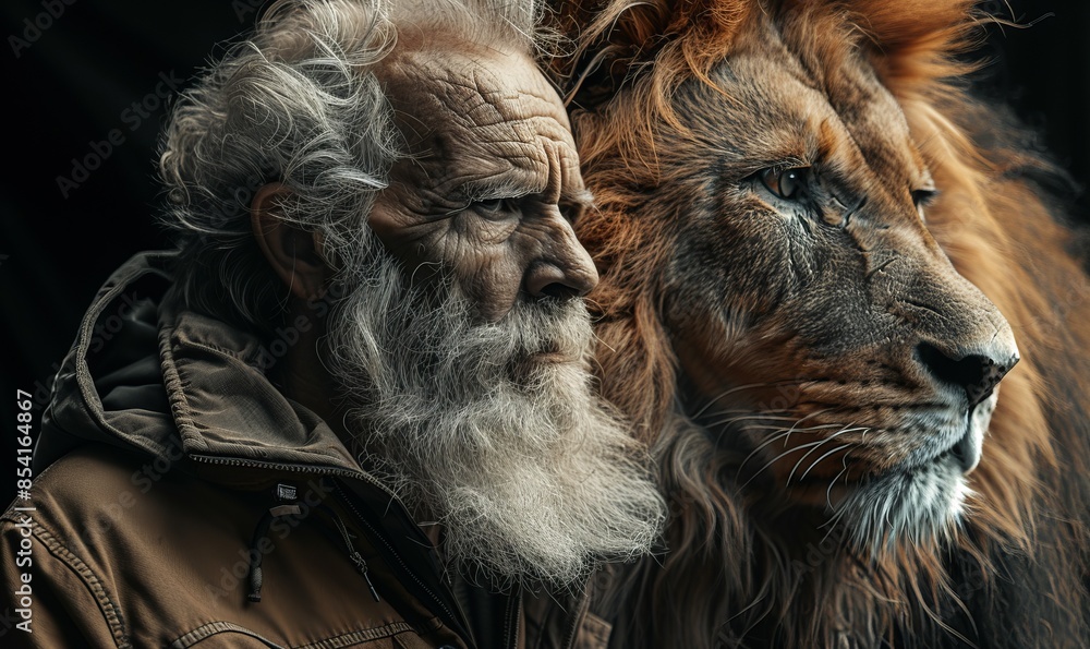 Naklejka premium Elderly bearded man in a jacket next to a huge lion on a black background
