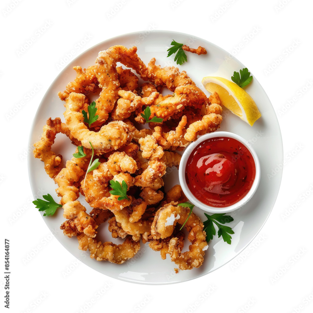 Plate of Fried Clam Strips with Cocktail Sauce Isolated on a Transparent Background Plate of Fried Clam Strips with Cocktail Sauce Isolated on a Transparent Background