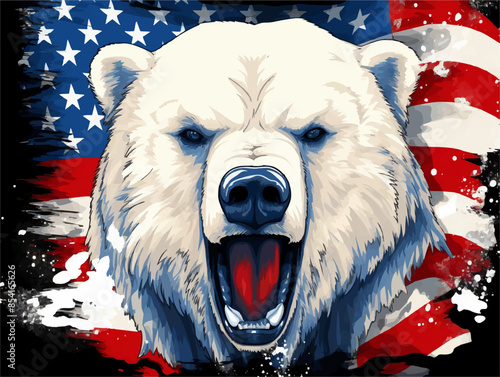 Vector design for t-shirt.  White polar bear
on background of american flag.  Fashionable print for fabric, paper, men clothing, hoodie, biker jacket.
