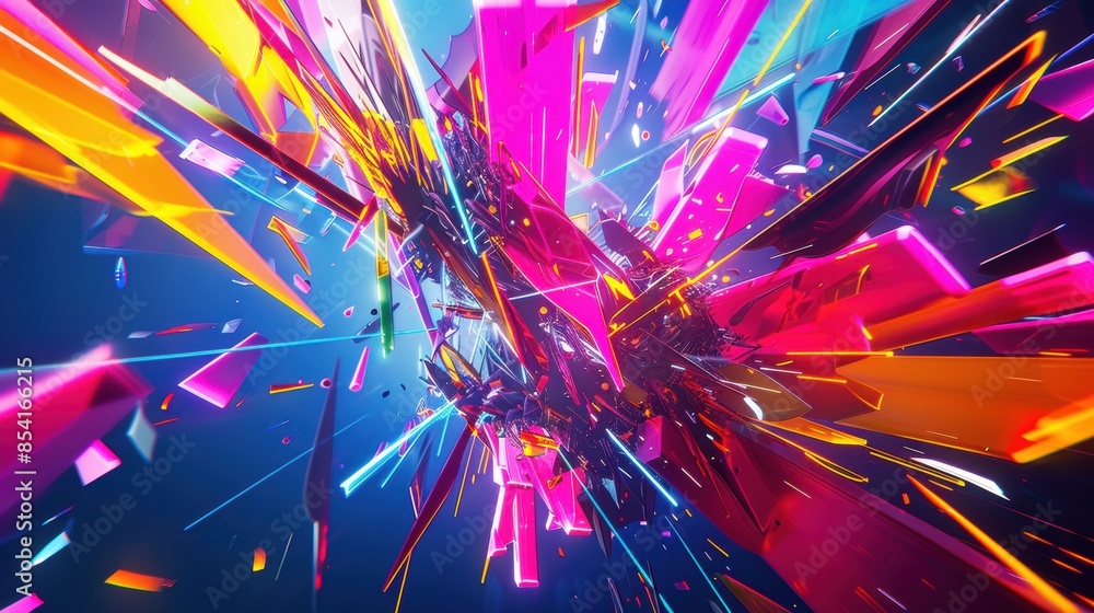 A chaotic burst of neon colors, with sharp angles and curves. A chaotic burst of neon colors, with sharp angles and curves.