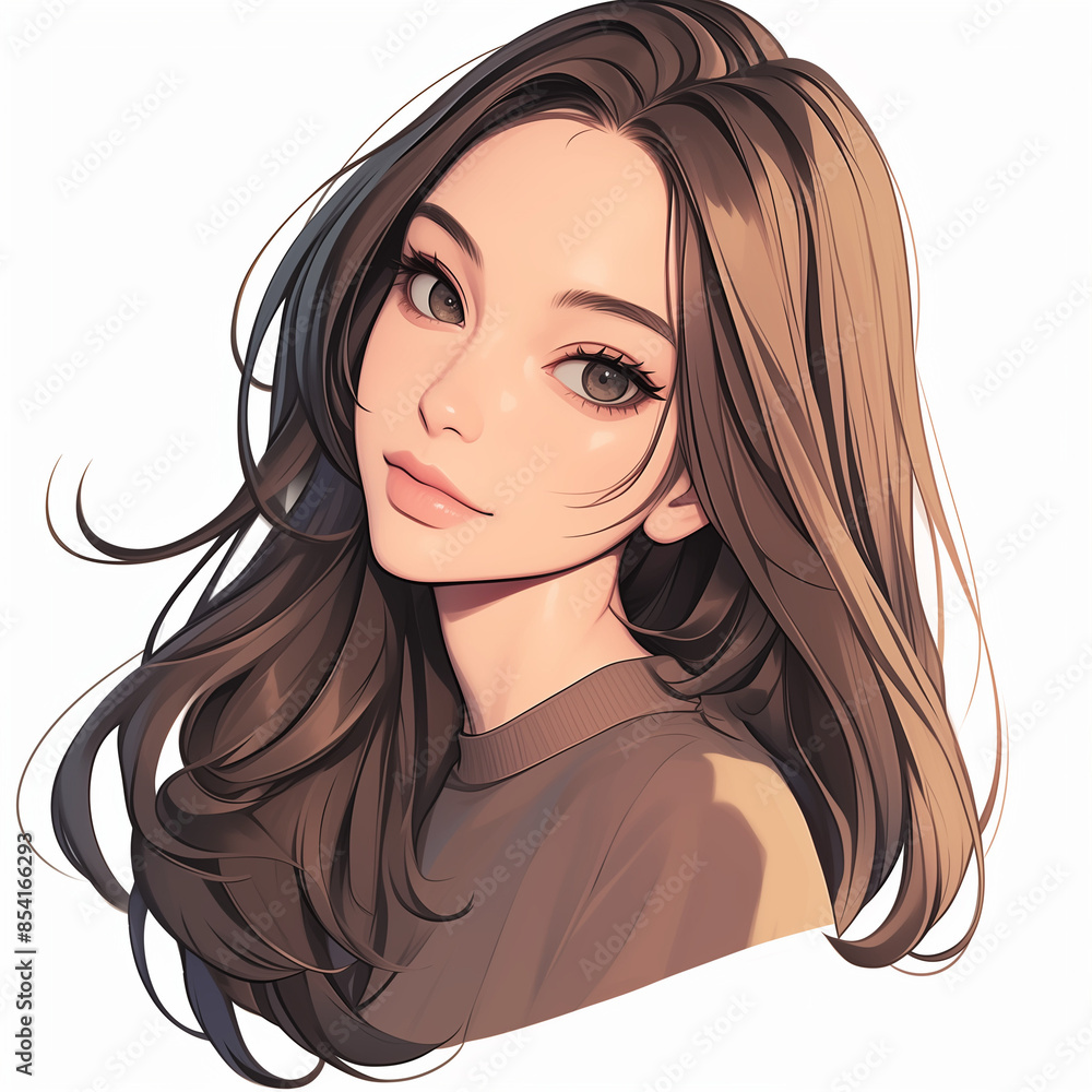 Beautiful Young Woman with Long Brown Hair in a Digital Art Style Beautiful Young Woman with Long Brown Hair in a Digital Art Style