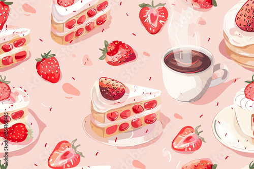 Vector of strawberry cake slices and tea pattern background