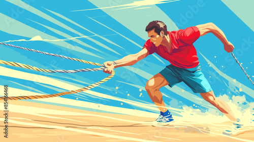 Vector of a determined athlete engaged in fierce tug of war competition