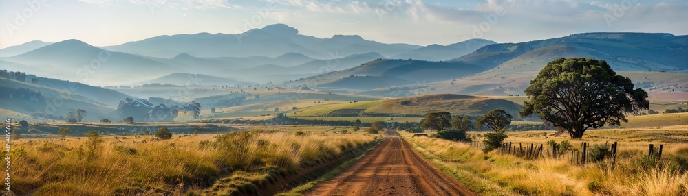 A picturesque landscape featuring a dirt road leading through grassy plains with hills and mountains in the distance under a partly cloudy sky. A picturesque landscape featuring a dirt road leading through grassy plains with hills and mountains in the distance under a partly cloudy sky.
