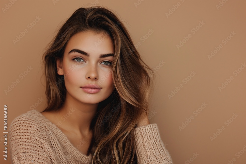 Portrait of an attractive young woman in beige background, Elegance in Beige, Portrait of an Attractive Young Woman, Soft and Natural, Portrait Photography of a Young Woman in Beige Portrait of an attractive young woman in beige background, Elegance in Beige, Portrait of an Attractive Young Woman, Soft and Natural, Portrait Photography of a Young Woman in Beige