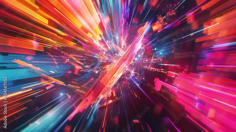 A chaotic burst of neon colors, with sharp angles and curves. A chaotic burst of neon colors, with sharp angles and curves.