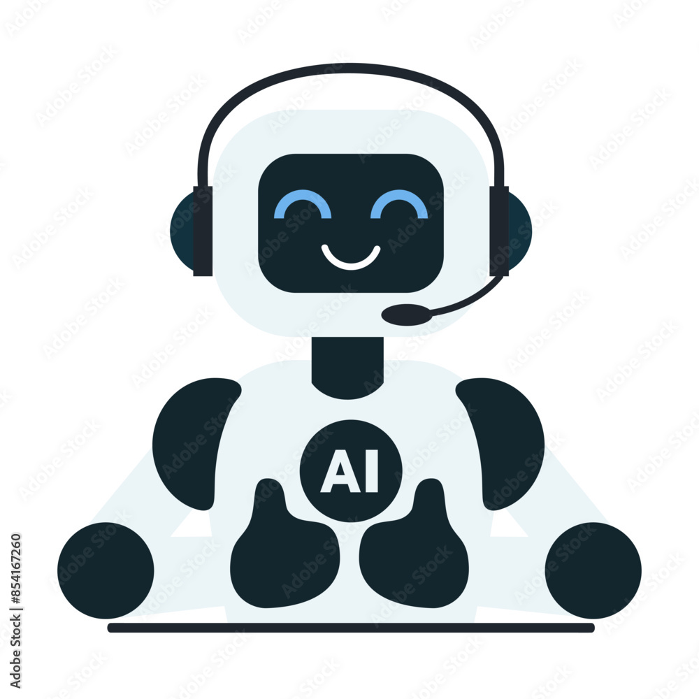 Cute chat bot, robot assistant shows thumbs up for customer support. AI bot helper. Concept of virtual conversation assistant for getting help. Robot is working on a laptop. Vector illustration Cute chat bot, robot assistant shows thumbs up for customer support. AI bot helper. Concept of virtual conversation assistant for getting help. Robot is working on a laptop. Vector illustration