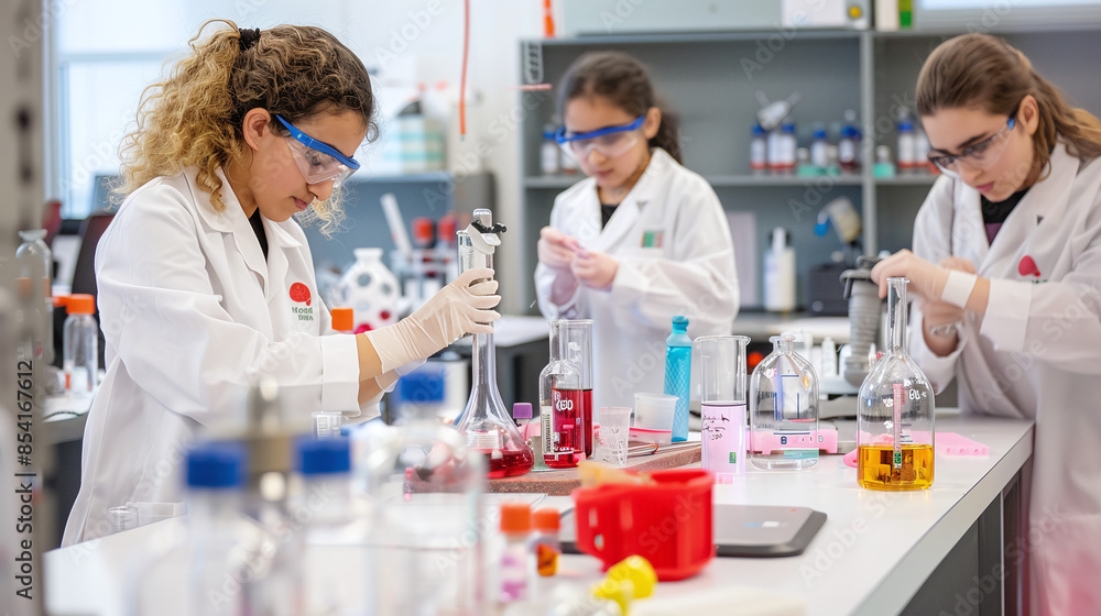 a group of STEM students wearing safety goggles and a lab coat in class a group of STEM students wearing safety goggles and a lab coat in class