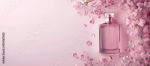 Tender stylish perfume composition, bottles of perfume and flowers, pinkish illustration, copy space