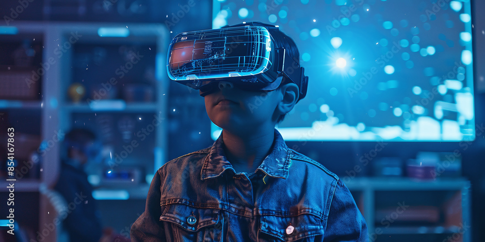 School student with VR headset using AI artificial intelligence technology & machine learning.Interactive technology in classroom. Innovation & smart tech School student with VR headset using AI artificial intelligence technology & machine learning.Interactive technology in classroom. Innovation & smart tech