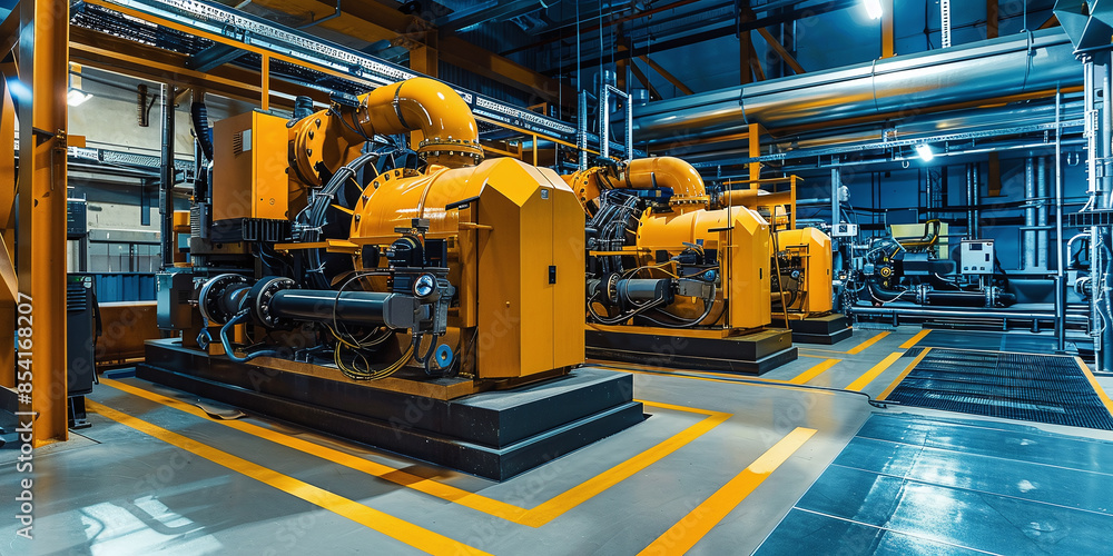 Industrial generator room featuring two powerful diesel generators, ready for standby power in a factory setting Industrial generator room featuring two powerful diesel generators, ready for standby power in a factory setting