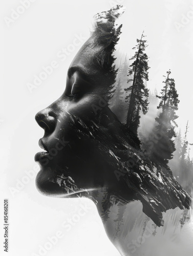 Double Exposure Portrait of Woman Blending into Mountainous Forest