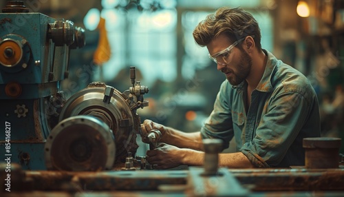 Wallpaper Mural A skilled worker is focused on operating a vintage lathe machinery in a well-lit classic workshop setting Torontodigital.ca
