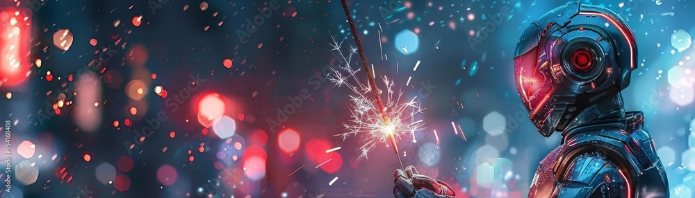 Obraz premium Futuristic android robot holding sparklers, Fourth of July parade, red white and blue attire, ultra-detailed, cinematic lighting
