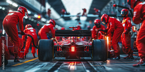 Formula One Race Car Pit Stop with Crew in Red Jumpsuits, Competition and Teamwork Concept
